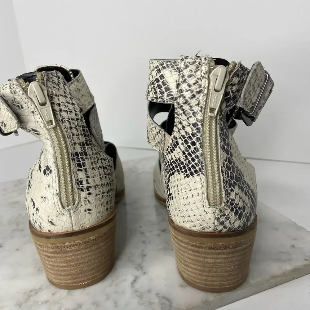 New Crevo Python Snakeskin Ankle Boots Cream Leather Cutout Heeled Bootie 7.5